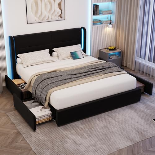 Dzaayediiy Polsterbett 140×200cm Doppelbett Bettgestell Jugendbett mit Schubladen & USB-Anschlus,mit LED-Beleuchtung im Kopfteil,Schwarz von Dzaayediiy