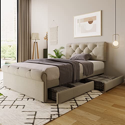 Dzaayediiy Polsterbett 140x200cm Doppelbett Bettgestell mit 4 Schubladen und Höhenverstellbarem Kopfteil （Mit Matratze von Dzaayediiy