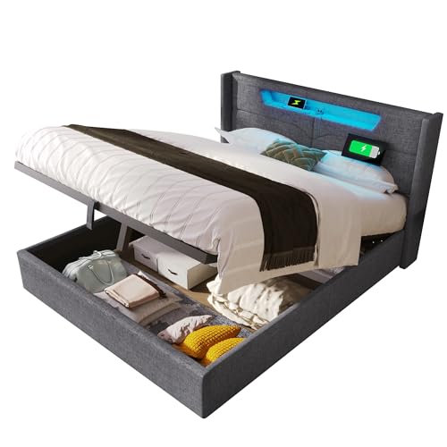 Dzaayediiy Polsterbett 160x200cm, LED-Doppelbett mit USB-Typ-C-Aufladung, Stauraumbett, Bettgestell aus Leinenmaterial, langlebig, Grau (ohne Matratze) von Dzaayediiy