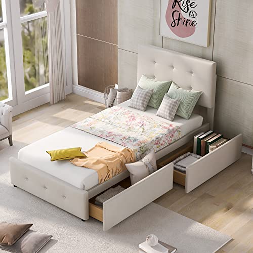 Dzaayediiy Polsterbett 90 x 200 cm Bett mit Lattenrost und Zwei Schubladen, aus Samt Einzelbett Kinderbett Jugendbett Gästebett Beige(ohne Matratze) von Dzaayediiy