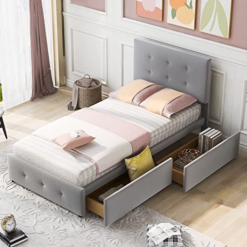 Dzaayediiy Polsterbett 90 x 200 cm Bett mit Lattenrost und Zwei Schubladen, aus Samt Einzelbett Kinderbett Jugendbett Gästebett Grau(ohne Matratze) von Dzaayediiy
