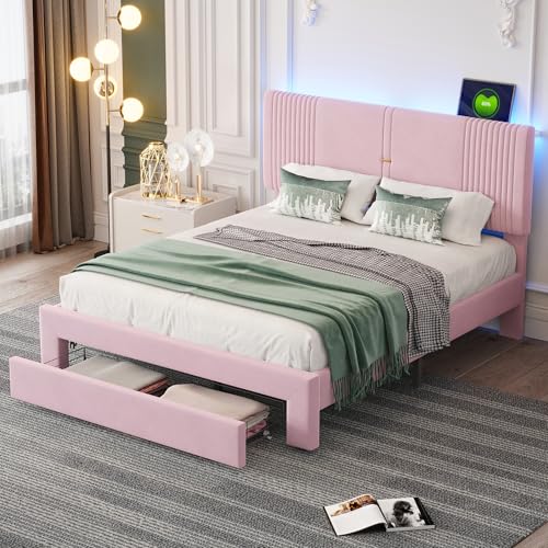 Dzaayediiy Polsterbett Doppelbett,Kinderbett,140x200 cm,Jugendbett,mit Lichtleiste und USB-Steckdose, Rückenlehne und großer Schublade, hautsympathisches Doppelbett in Samtstoff,Rosa,(Ohne Matratze) von Dzaayediiy