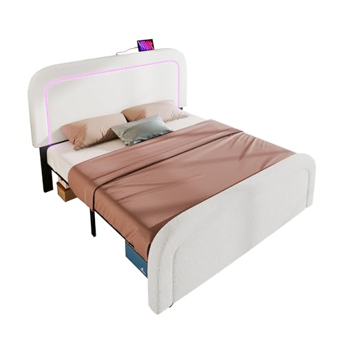 Dzaayediiy Polsterbett Doppelbett 140 x 200 cm mit USB-Ladeanschluss und LED-Beleuchtung, Funktionelles Bett mit Höhenverstellbarem Kopfteil(Ohne Matratze)- Weiß von Dzaayediiy