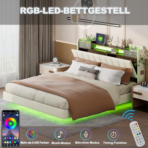 Dzaayediiy Polsterbett Doppelbett 140 x 200 cm mit USB-Ladeanschluss und LED-Beleuchtung, Funktionelles Stauraumbett mit Kopfteil mit Stauraum und Handytasche(Ohne Matratze)- Beige von Dzaayediiy