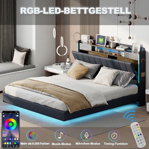 Dzaayediiy Polsterbett Doppelbett 140 x 200 cm mit USB-Ladeanschluss und LED-Beleuchtung, Funktionelles Stauraumbett mit Kopfteil mit Stauraum und Handytasche(Ohne Matratze)- Grau von Dzaayediiy