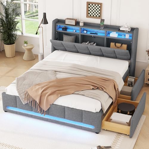Dzaayediiy Polsterbett Doppelbett 160 x 200 cm mit USB-Ladeanschluss und APP-Fernbedienung LED-Licht, Funktionelles Stauraumbett mit Kopfteil mit Stauraum(Ohne Matratze)- Grau von Dzaayediiy