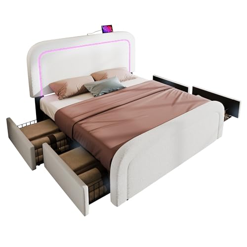 Dzaayediiy Polsterbett Doppelbett 160 x 200 cm mit USB-Ladeanschluss und LED-Beleuchtung, Funktionelles Stauraumbett mit 4 Schubladen und Höhenverstellbarem Kopfteil(Ohne Matratze)- Weiß von Dzaayediiy