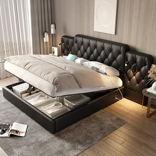 Dzaayediiy Polsterbett Doppelbett Bettgestell Jugendbett Stauraumbett,160×200cm,ohne Matratze USB Auf Beiden Seiten, Ausgestattet Mit Leselampen, Hydrauliksystem，Schwarz von Dzaayediiy