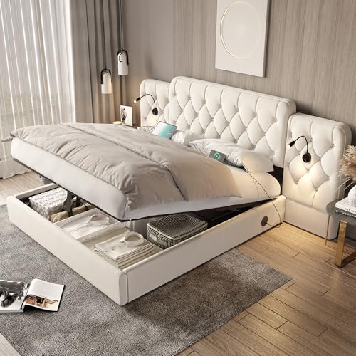 Dzaayediiy Polsterbett Doppelbett Bettgestell Jugendbett Stauraumbett,160×200cm ohne Matratze USB Auf Beiden Seiten, Ausgestattet Mit Leselampen, Hydrauliksystem，Beige von Dzaayediiy