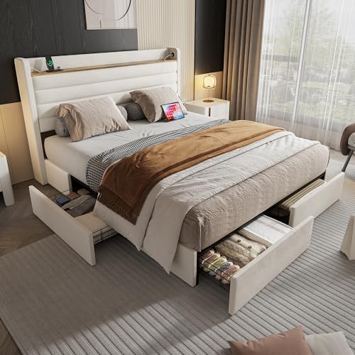 Dzaayediiy Polsterbett Doppelbett Bettgestell Jugendbett Stauraumbett Samt mit USB,140×200cm ohne Matratze 4 Schubladen，Beige von Dzaayediiy