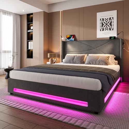 Dzaayediiy Polsterbett Doppelbett Jugendbett 140×200cm mit 2 Leselichtern & USB,hydraulischem Stauraum, Bettgestell, Grau von Dzaayediiy