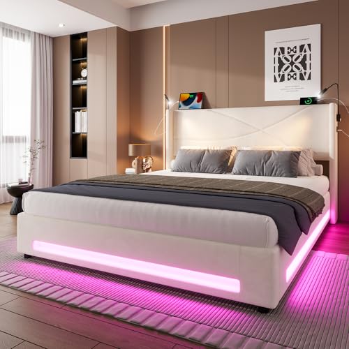 Dzaayediiy Polsterbett Doppelbett Jugendbett 140×200cm mit 2 Leselichtern & USB,hydraulischem Stauraum, Bettgestell,Beige von Dzaayediiy
