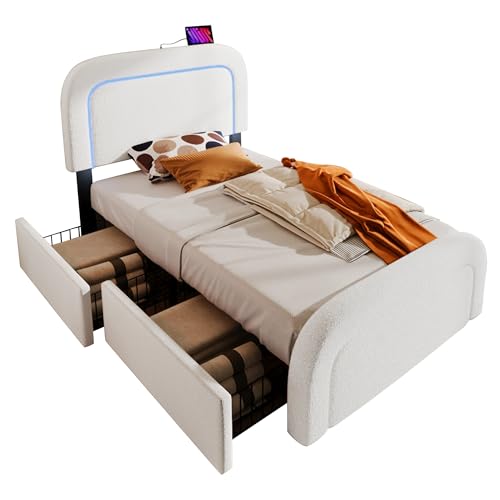 Dzaayediiy Polsterbett Einzelbett 90 x 200 cm mit USB-Ladeanschluss und LED-Beleuchtung, Funktionelles Stauraumbett mit 4 Schubladen und Höhenverstellbarem Kopfteil(Mit Matratze)- Weiß von Dzaayediiy