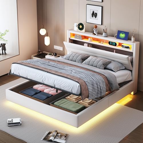 Dzaayediiy Polsterbett Schwebenderbett 140 x 200 cm mit LED-Licht, Wendekopfteil und USB-Ladefunktione, Hydraulisches Stauraumbett mit Bettkasten Stauraum(Ohne Matratze)- Beige von Dzaayediiy