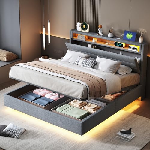 Dzaayediiy Polsterbett Schwebenderbett 140 x 200 cm mit LED-Licht, Wendekopfteil und USB-Ladefunktione, Hydraulisches Stauraumbett mit Bettkasten Stauraum(Ohne Matratze)- Grau von Dzaayediiy