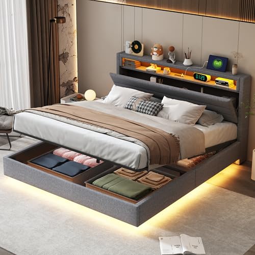 Dzaayediiy Polsterbett Schwebenderbett 160 x 200 cm mit LED-Licht, Wendekopfteil und USB-Ladefunktione, Hydraulisches Stauraumbett mit Bettkasten Stauraum(Ohne Matratze)- Grau von Dzaayediiy