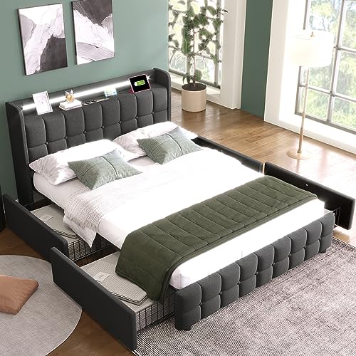 Dzaayediiy Polsterbett mit Lade-USB-Ladefunktion, Kopfteil und LED-Beleuchtung und 4 Schubladen, Doppelbett 180x200 cm, Stauraum, Holzlattenrost, Grau (Matratze Nicht im Lieferumfang enthalten) von Dzaayediiy