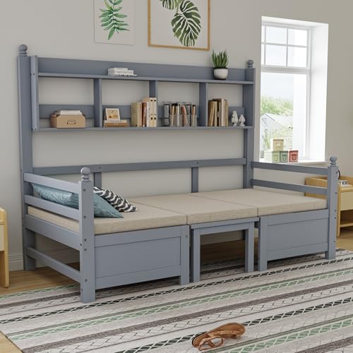 Dzaayediiy Schlafsofa（90 x 200cm） Multifunktionssofa，2-in-1 Bett und Schreibtisch，Mit Stauraum&Kissen&Bücherregal，Einzelholzbett，Grau von Dzaayediiy