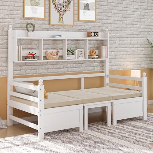 Dzaayediiy Schlafsofa（90 x 200cm） Multifunktionssofa，2-in-1 Bett und Schreibtisch，Mit Stauraum&Kissen&Bücherregal，Einzelholzbett，Weiß von Dzaayediiy