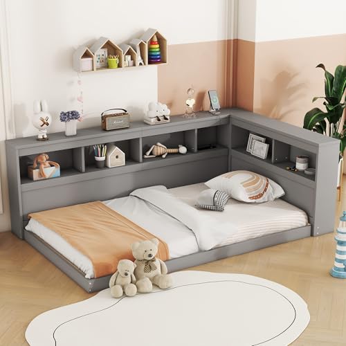 Dzaayediiy Schlafsofa Daybett 90x200cm mit Lattenrost aus Holz, Tagesbett Kinderbett Jugendbettmit Steckdose und 2 USB-Anschlüssen(Ohne Matratze)- Grau von Dzaayediiy