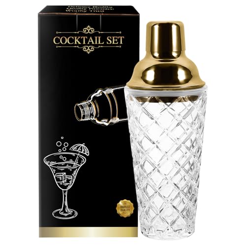 Dzmuero Cocktail shaker, Cocktail mixer, Shaker edelstahl cocktail, Cocktail shaker glas, Glasmixer, Edelstahl-Deckel, mit Filterschicht, versiegelt und langlebig, rutschfest, für Haus und Bar (Gold) von Dzmuero