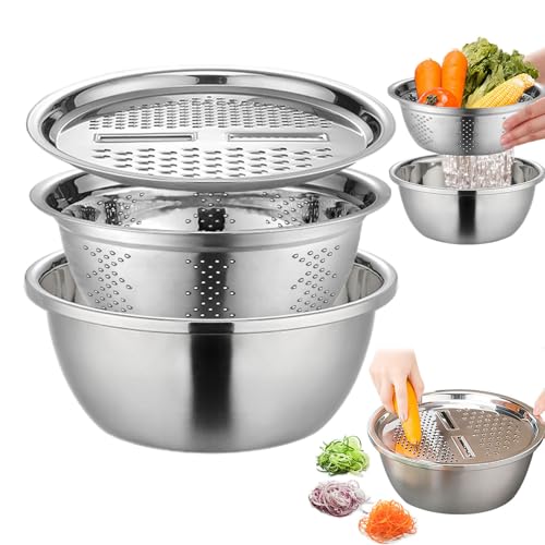 DzpKrka Gemüsewaschkorb Edelstahl Set, 26/28 Cm Edelstahl Seiher Und Schüsselset, Rührschüssel-Set Reibeschüssel 3 In 1, Multifunktional Stapelreisessieb, Abflusskorb Für Pasta, Obst, Nahrung von DzpKrka