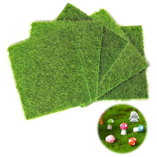 Dzsomt Kunstrasen Rasen 5 Stück Künstliche Rasen Matte Miniatur Moos Gras Deko Rasen Gras Kunstrasenteppich mit Miniature Ornaments für Mikrolandschaft Miniatur Garten Deko, 15x 15 cm von Dzsomt