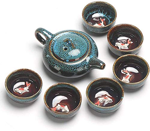 Kung Fu Teekanne und Tasse Set, Kung Fu Tee Set, Chinesisch und Japanisch Retro Handgemachte Porzellan Teekanne 6 Teetassen Geschenkbox (Blau) von E/A