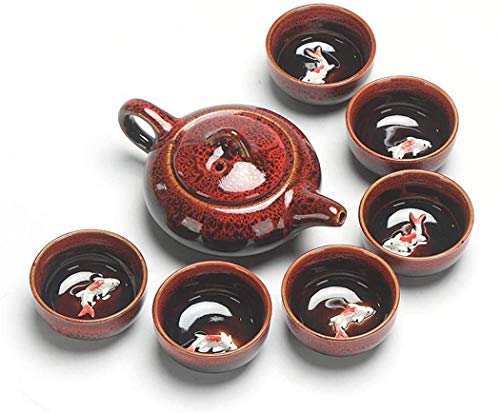 Kung Fu Teekanne und Tasse Set, Kung Fu Tee Set, Chinesisch und Japanisch Retro Handmade, Porzellan Teekanne, 6 Teetassen, Geschenkbox (Rot) von E/A