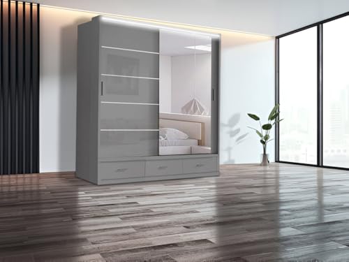 E-BAARIK Schwebetürenschrank Tokyo 2-3 Türen Hochglanz, 220 cm Höhe, mit Schubladen und Kleiderstangen, LED-Licht oben (Grau, 205 cm) von E-BAARIK