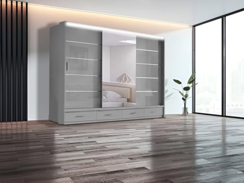 E-BAARIK Schwebetürenschrank Tokyo 2-3 Türen Hochglanz, 220 cm Höhe, mit Schubladen und Kleiderstangen, LED-Licht oben (Grau, 256 cm) von E-BAARIK