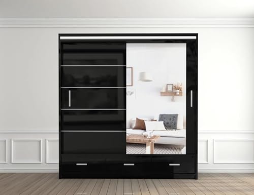 E-BAARIK Schwebetürenschrank Tokyo 2-3 Türen Hochglanz, 220 cm Höhe, mit Schubladen und Kleiderstangen, LED-Licht oben (Schwarz, 205 cm) von E-BAARIK