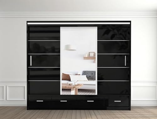 E-BAARIK Schwebetürenschrank Tokyo 2-3 Türen Hochglanz, 220 cm Höhe, mit Schubladen und Kleiderstangen, LED-Licht oben (Schwarz, 256 cm) von E-BAARIK