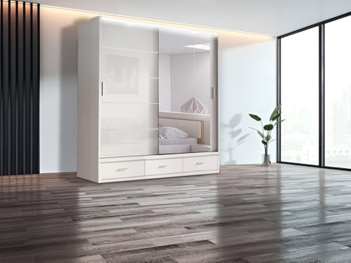 E-BAARIK Schwebetürenschrank Tokyo 2-3 Türen Hochglanz, 220 cm Höhe, mit Schubladen und Kleiderstangen, LED-Licht oben (Weiß, 205 cm) von E-BAARIK