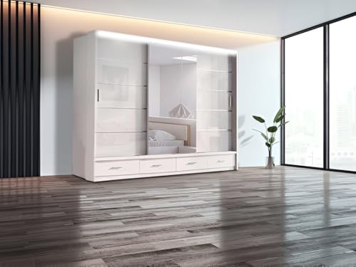 E-BAARIK Schwebetürenschrank Tokyo 2-3 Türen Hochglanz, 220 cm Höhe, mit Schubladen und Kleiderstangen, LED-Licht oben (Weiß, 256 cm) von E-BAARIK