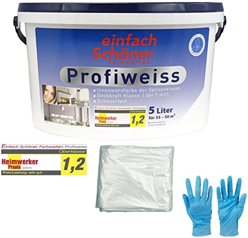 5 Liter Einfach Schöner Profiweiss Innenwandfarbe Dispersionsfarbe inkl. 4x 5m Abdeckfolie und Farbroller von E-Com24 (5 Liter) von Bindulin