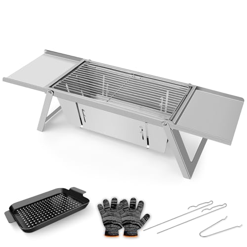 E EASTSTORM Barbecue Grill Klein Edelstahl Holzkohlegril Klappgrill Tragbar Picknickgrill Portable für Outdoor Garten Party 54×21×17.5CM von E EASTSTORM