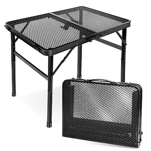 E EASTSTORM Campingtisch Klappbar 60×40cm，Beistelltisch，Gartentisch，Grilltisch mit Metallgitterplatte，Leicht und Tragbar Kleiner Tisch，Klapptisch 2 Höhenverstellbar（27/56cm） für Camping (Schwarz) von E EASTSTORM