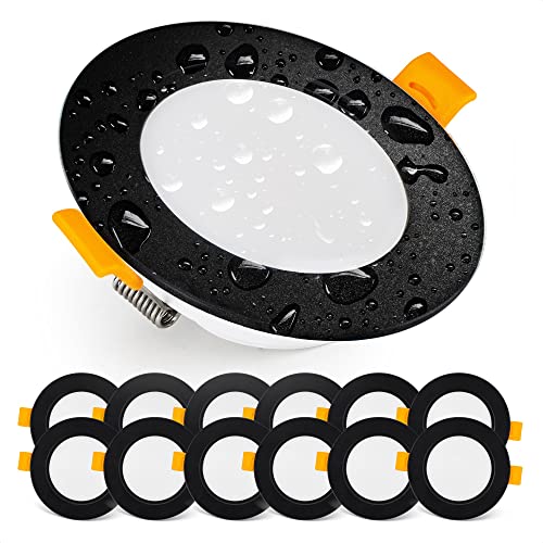 E EMOS EMOS Downlight LED Einbauleuchten 4000K neutralweiß Set 12 LED Spots IP54 Feuchtraum, Badezimmer LED Einbaustrahler 230V, rund, 5W, 500 Lumen, Schwarz von EMOS