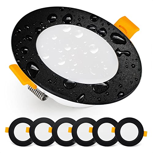 Emos Exclusive Einbaustrahler LED Spots 230V, 5W, 500lm, 4000K neutralweiß | Set 6x Downlight LED Spots Badezimmer etc., wasserdicht IP54 | LED Einbaustrahler 230V, rund Ø 95mm, ultra flach, schwarz von E EMOS