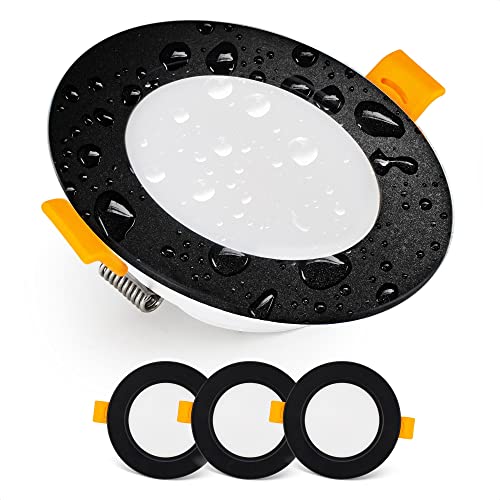 EMOS Exclusive Einbaustrahler LED Spots 230V, 5W, 500lm, 3000K Warmweiß | Set Mit 3 Downlight Spots Für Badezimmer, Wasserdicht IP54 | Einbaustrahler 230V, Rund Ø 95mm, Ultra Flach, Schwarz von EMOS