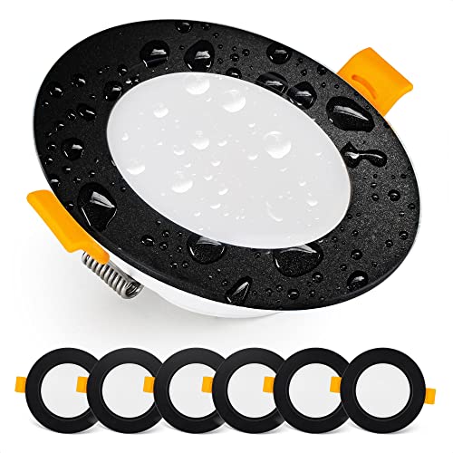 EMOS Exclusive Einbaustrahler LED Spots 230V, 5W, 500lm, 3000K Warmweiß | Set Mit 6 Downlight Spots Für Badezimmer, Wasserdicht IP54 | Einbaustrahler 230V, Rund Ø 95mm, Ultra Flach, Schwarz von EMOS