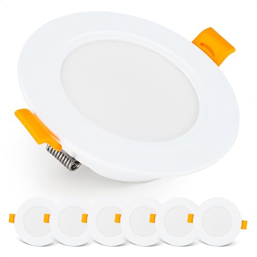 Emos Exclusive Einbaustrahler LED Spots 230V, 5W, 500lm, 3000K warmweiß | Set mit 6 Downlight LED Spots Badezimmer etc., wasserdicht IP54 | LED Einbaustrahler 230V, rund Ø 95mm, ultra flach, weiß von E EMOS