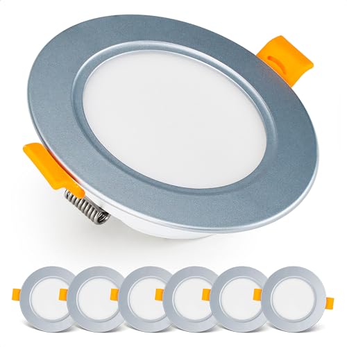 Emos Exclusive Einbaustrahler LED Spots 230V, 5W, 500lm, 3000K warmweiß | Set mit 6 Downlight LED Spots Badezimmer etc., wasserdicht IP54 | LED Einbaustrahler 230V, rund Ø 95mm, ultra flach, silber von E EMOS