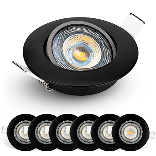 Emos LED Einbaustrahler 230V, 5W / 450lm, 50° schwenkbar, neutralweiß 4000k | Einbaustrahler LED Spot flach 68mm Lochmaß | Set mit 6 Stück LED Spots 230V, rund (Farbe schwarz) von E EMOS