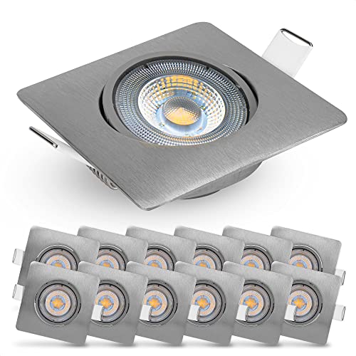 Emos LED Einbaustrahler 230V, 5W / 450lm, 50° schwenkbar, Deckenspots warmweiß 3000k | Einbaustrahler Led Spot flach 68mm Lochmaß | Set mit 12 Stück LED Spots 230V, Einbauleuchten eckig (Farbe silber) von EMOS