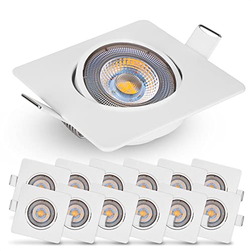 Emos LED Einbaustrahler 230V, 5W / 450lm, 50° schwenkbar, warmweiß 3000k | Einbaustrahler LED Spot flach 68mm Lochmaß | Set mit 12 Stück LED Spots 230V, eckig (Farbe weiß) von E EMOS