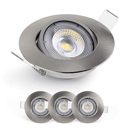 Emos LED Einbaustrahler 230V, 5W / 450lm, 50° schwenkbar, warmweiß 3000k | Einbaustrahler LED Spot flach 68mm Lochmaß | Set mit 3 Stück LED Spots 230V, rund (Farbe silber gebürstet) von E EMOS