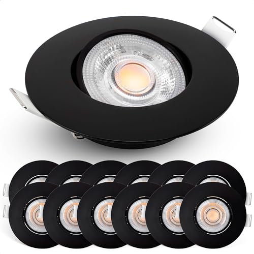 Emos LED Einbaustrahler 230V dimmbar, 4,9W / 480lm, 50° schwenkbar, warmweiß 2700K | Set mit 12 Stück Einbaustrahler LED Spot ultraflach, rund | Deckenspots LED dimmbar für Innenräume, Farbe schwarz von E EMOS