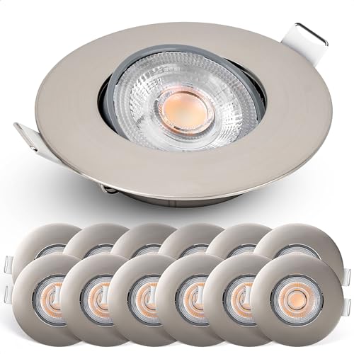 Emos LED Einbaustrahler 230V dimmbar, 4,9W / 480lm, 50° schwenkbar, warmweiß 2700K | Set mit 12 Stück Einbaustrahler LED Spot ultraflach, rund | Deckenspots LED dimmbar für Innenräume, Farbe silber von E EMOS